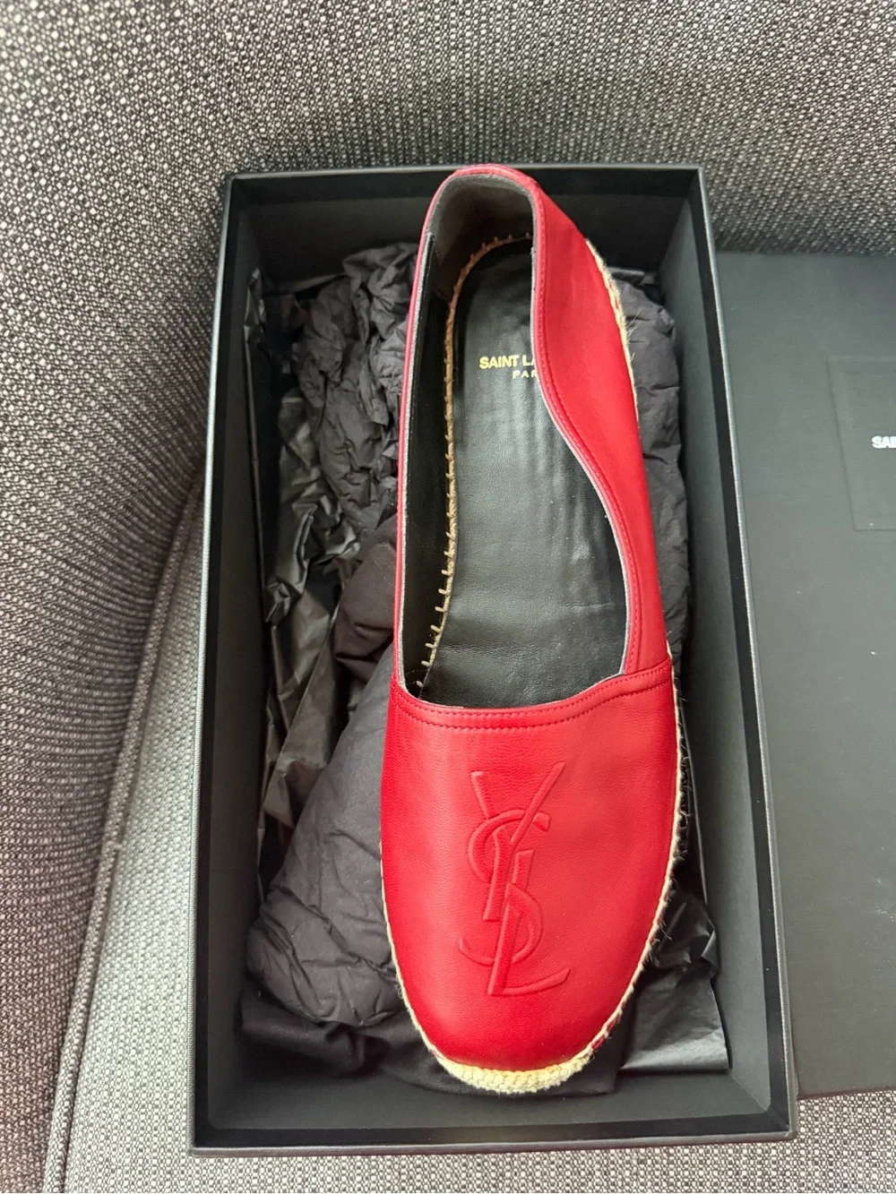 Saint Laurent Red Leather Espadrille Slip-Ons with Embossed YSL size40